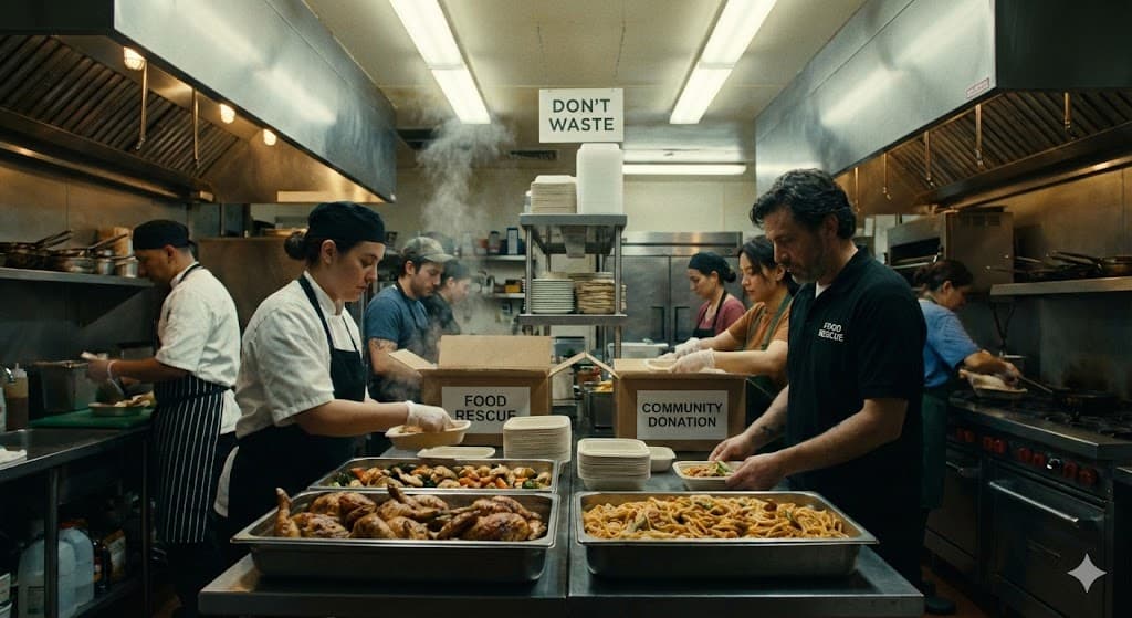 Surplus food being collected from a restaurant and delivered to an orphanage